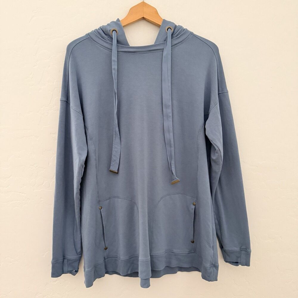 Soft Surroundings Women L Blue Hooded Pullover Tunic Hoodie Pockets Stretch Cozy